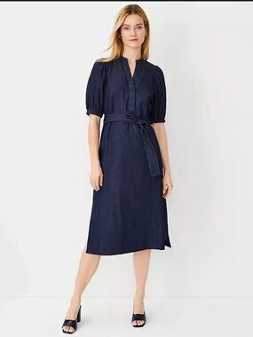 Ann Taylor Navy Belted Midi Dress with Puff Sleeves